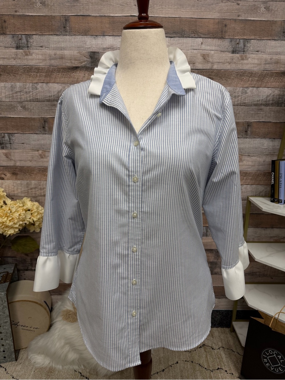 Pearly Vine blue striped button down with ruffles L